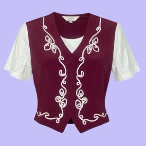1980s Vintage Burgundy Western Vest Top with Beige Embroidery